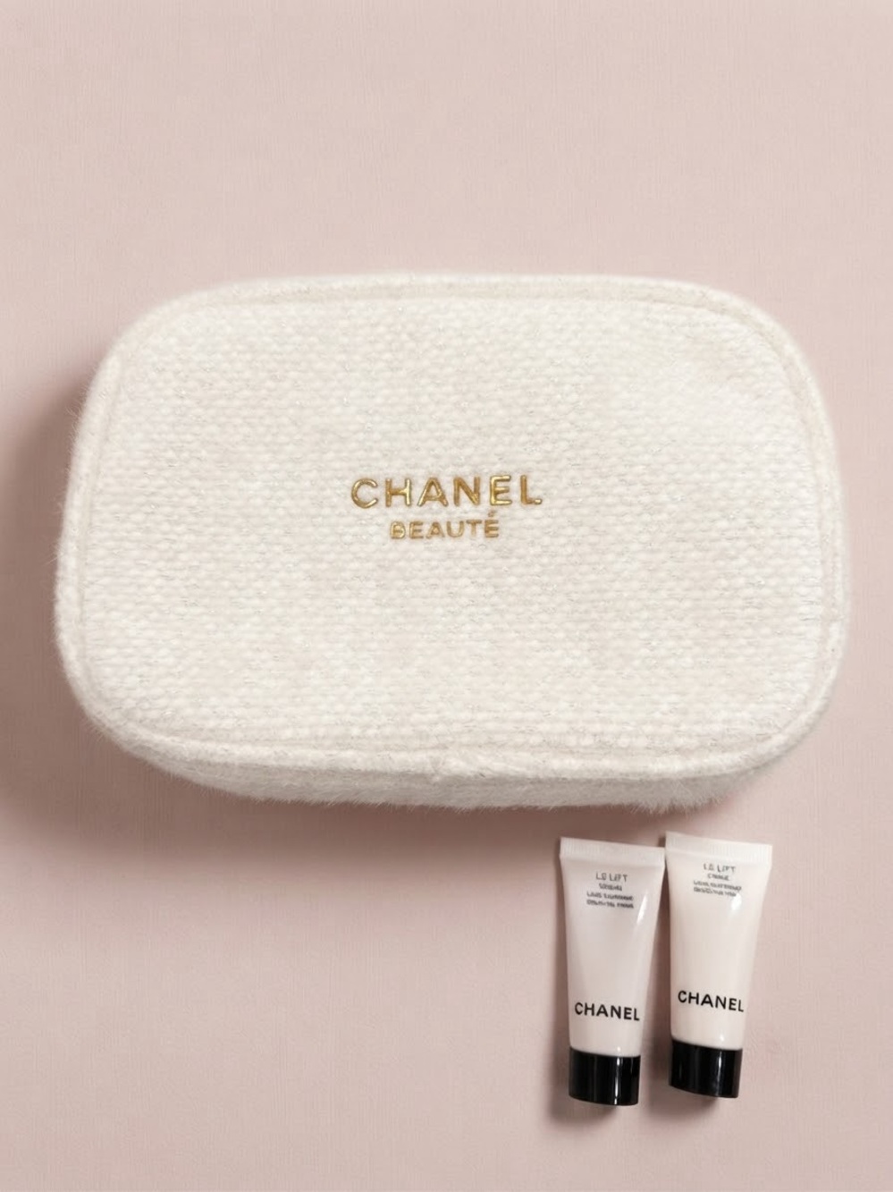 CHANEL White Textured Travel Pouch with Skincare Tube Duo